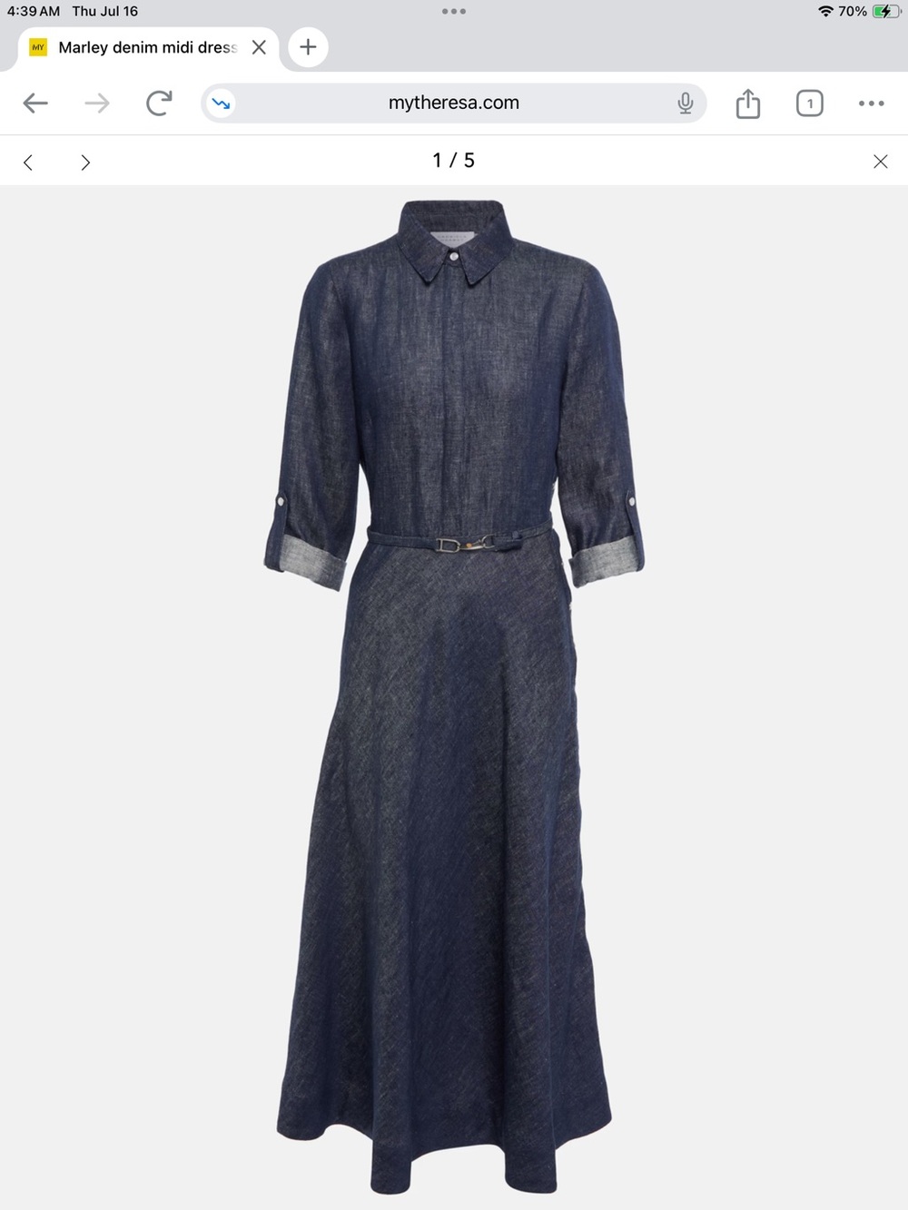 GABRIELA HEARST Marley DenimMidi dress with snap button slit L hem SZ 40